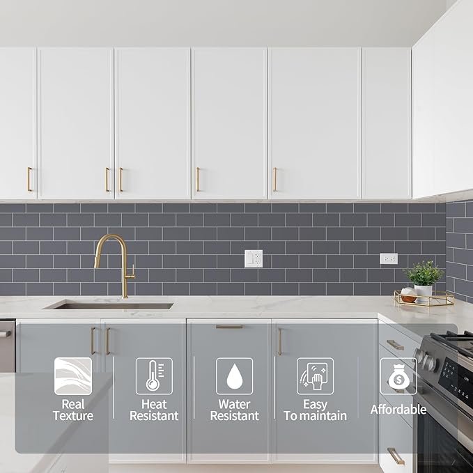 Yipscazo Peel and Stick backsplash 3 x 6 Inches 3D PVC Composite Wall Tile Stick on Backsplash Tile for Kitchen Bathroom, Laundry Room, Fireplace(Gray, 32 Pieces)