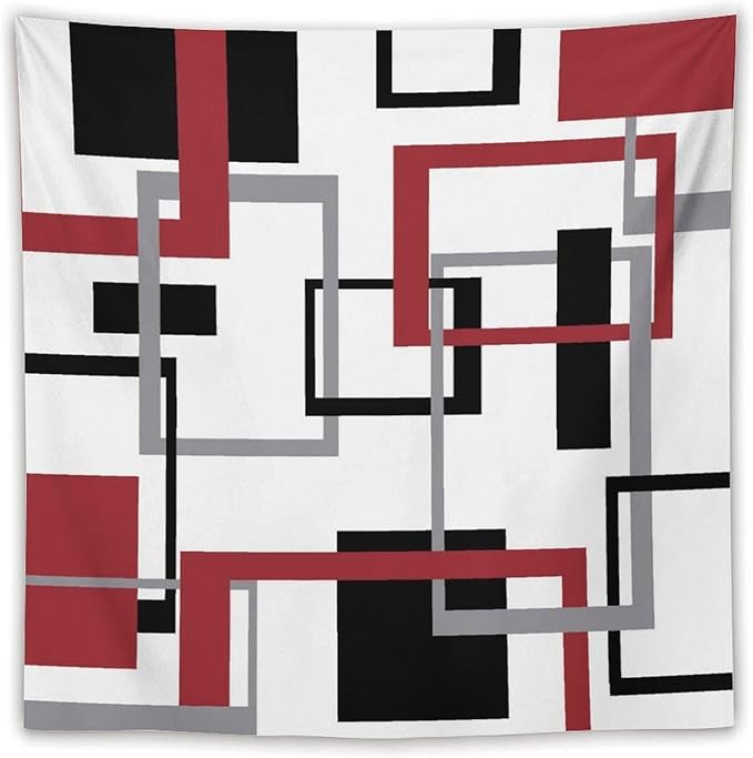ZhiRain Red Tapestry Wall Hanging Mid Century Modern Geometric Abstract Red Black Grey Square White Backdrop Tapestries Home Decor for Living Room Bedroom Apartment Farmhouse Dorm 60"x60"