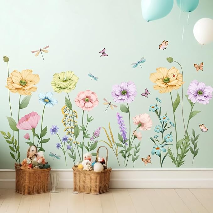Watercolor Poppy Flower Wall Decals Garden Floral Wall Stickers Colorful Wildflower Butterfly Wall Art Decor Removable Boho Wisteria Peel and Stick Wall Murals for Kids Bedroom Nursery Home Decoration