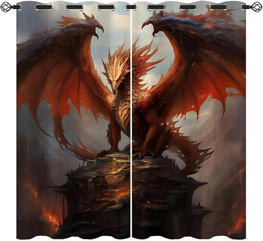 18TH CROZY Dragon Blackout Curtains for Girls Boy Home Decor, Medieval Fantasy Magical Red Animal Grommet Thermal Insulated Drapes Darkening Window Curtain for Bedroom Living Room, 42 x 63 Inch