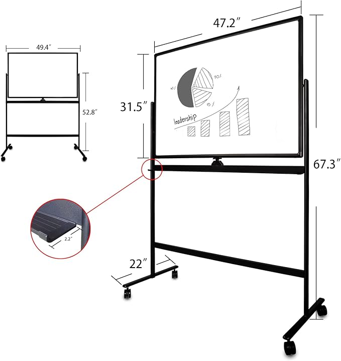 32x48 Inches Industrial-Grade Mobile Dry Erase Whiteboard with Lockable Rolling Stand - Double-Sided Magnetic Whiteboard, Height & Angle Adjustable for Office, Classroom & Workshop Black
