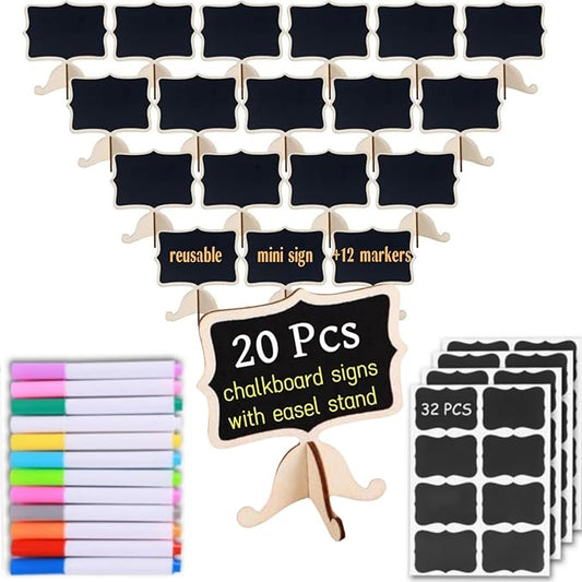 20 Pack Wood Mini Chalkboards Signs, Food Labels Place Cards Small Blackboard for Party Buffet Table Sign Chalkboard Wedding Bakery with 12 Makers and Blackboard Stickers