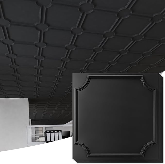 Art3d 2x2 Ft Drop Down PVC Ceiling Tiles, 3D Textured Glue up Ceiling Panel for Office Living Room Home Decor - 12-Pack Covers 48 Sq.Ft, Black