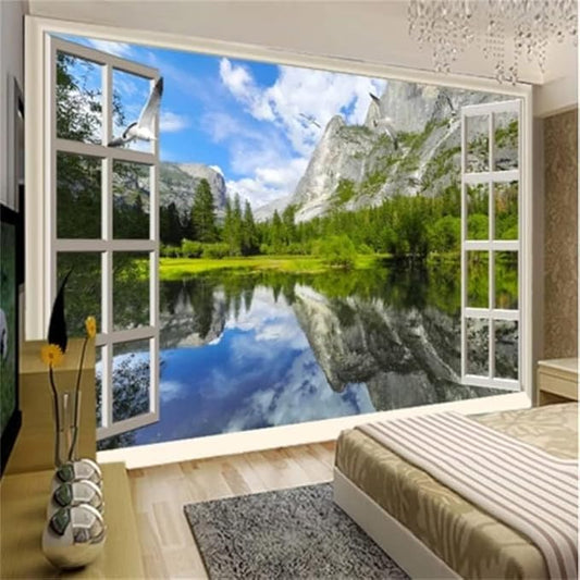 YTTBDBD Landscape False Windows 3D Mural, Lake Reflection Wallpaper Wall Mural Sticker Home Decor for Bedroom Office Living Room Wall Artwork Decor-Not Peel and Stick-59 W x 39.4" H/150x100cm-Silk