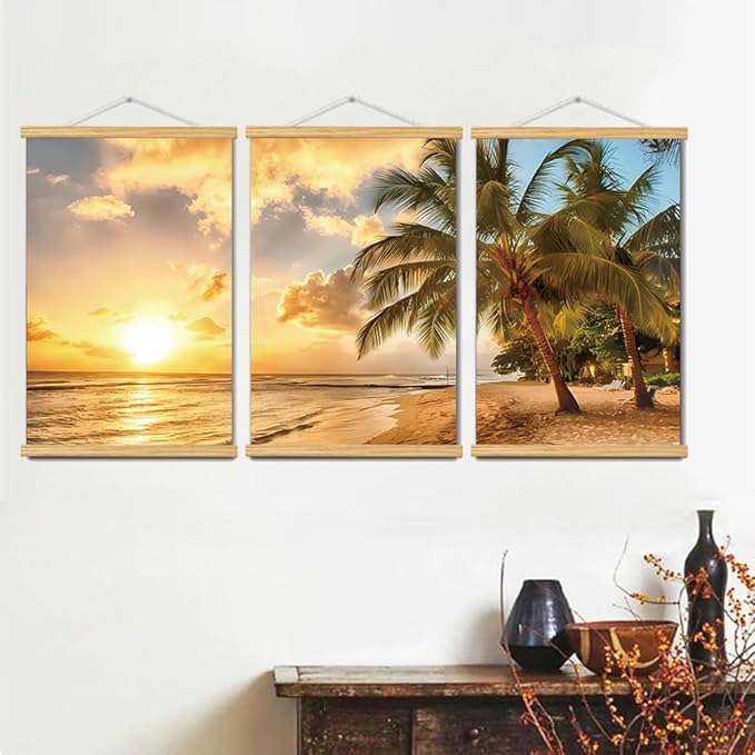 3pcs Beach Canvas Wall Art, Canvas Art with Frames, For Office Home Decor Bedroom Living Room Wall Decor. (Yellow Beach 29L x 20W, Framed)
