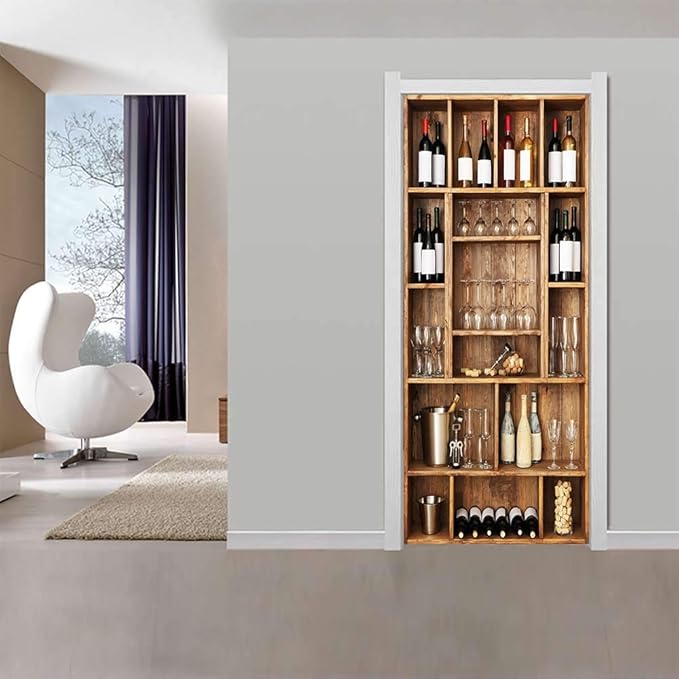 3D Peel and Stick Murals - Wine Cabinet Wallpaper Removable PVC Waterproof Door Poster for Bedroom & Living Room 34.6 x 78.7 inch