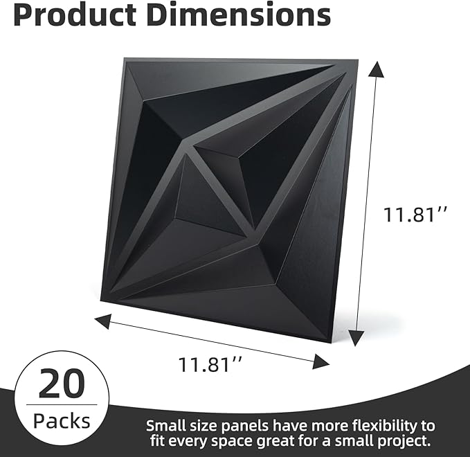AMZDEPOT 3D Wall Panels for Interior Wall Decor, 3 Layout Options PVC Textured Wall Art Decor for Living Room Bedroom TV Background Gaming Room, 12''x12'', 20 Pcs Black