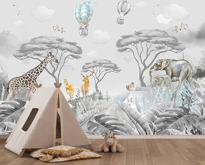 YIHWM -Tropical Rainforest Plants Animals Tigers Fabric Wallpaper Jungle Plants Banana Leaves Boys Girls Kindergarten Children Bedroom Large Mural- 137"x96"（ not Peel and Stick）