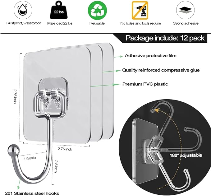 ZESLMG Large Adhesive Hooks for Hanging, 12 Pack Self Sticky Wall Hooks Heavy Duty 15lb Clear, Removable Shower Hook No Damage for Towel Key Coat Wreath Picture Outdoor Bathroom Kitchen, Waterproof