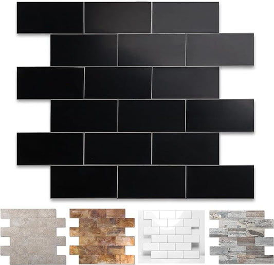 1-Pack Peel and Stick Tile Backsplash 12"X12" PVC Wall Tiles, Stick on Backsplash for Kitchen, Bathroom Tile, Fireplace Décor, Laundry Table, Stair Decals in Black