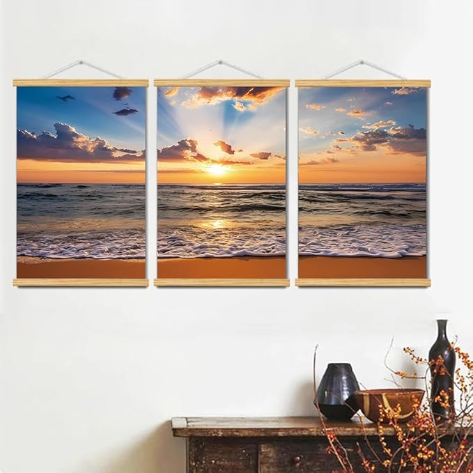3pcs Beach Canvas Wall Art, Canvas Art with Frames, For Office Home Decor Bedroom Living Room Wall Decor. (Red Beach 29L x 20W, Framed)