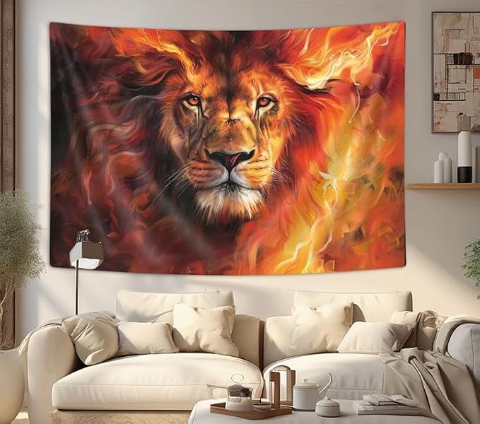 YDIDIAN Lion Wall Art - Fire Burning Flame Animal Wall Decor for Home & College Dorm Living Room, Panels 70 x 60IN