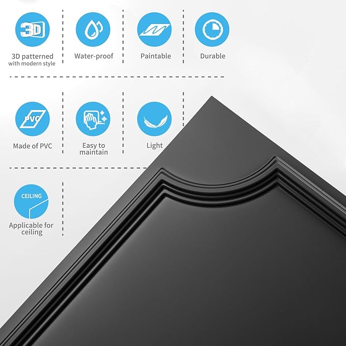 Art3d 2x2 Ft Drop Down PVC Ceiling Tiles, 3D Textured Glue up Ceiling Panel for Office Living Room Home Decor - 12-Pack Covers 48 Sq.Ft, Black