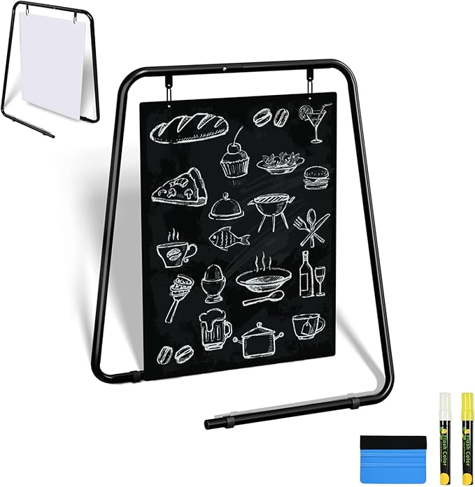 ybaymy Chalkboard Sign, A Frame Sign Sandwich Board Signs Metal Outdoor Chalk Board Easel Sign Swinging Large Menu with Double Sided Display Advertising for Restaurant Food Truck Cafe