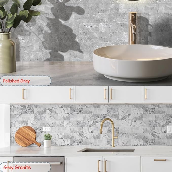 Yipscazo Peel and Stick backsplash 3 x 6 Inches 3D PVC Composite Wall Tile Stick on Backsplash Tile for Kitchen Bathroom, Laundry Room, Fireplace(Gray Granite, 100 Pieces)