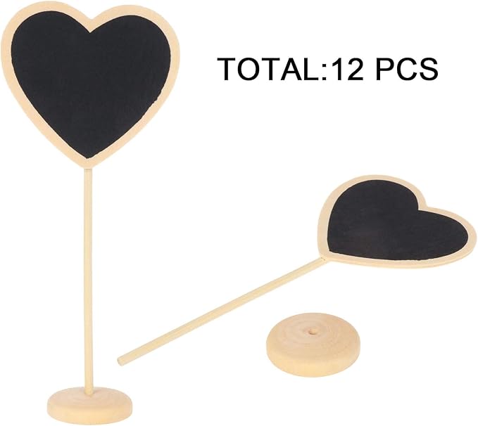 12Pcs Mini Heart Chalkboards Black Board with Stand for Message Board Signs Wood Small Chalkboard Signs for Wedding, Birthday Parties, Table Numbers, Food Signs and Special Event Decoration