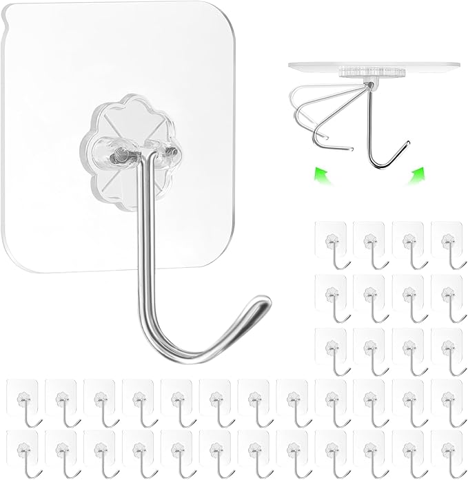 ZESLMG Adhesive Wall Hooks No Damage for Hanging, 36 Pack Large Self Sticky Hooks Heavy Duty 44lb Removable, Clear Hook for Shower Towel Coat Key Picture Wreath Outdoor Bathroom Kitchen, Waterproof