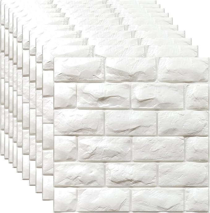 YU LI 3DH 3D Wall Panels Peel and Stick 30PCS White Foam Brick Wallpaper for Bedroom Faux Stone Wall Panel Self-Adhesive Wallpaper (30PCS-29 Sq Ft, White)