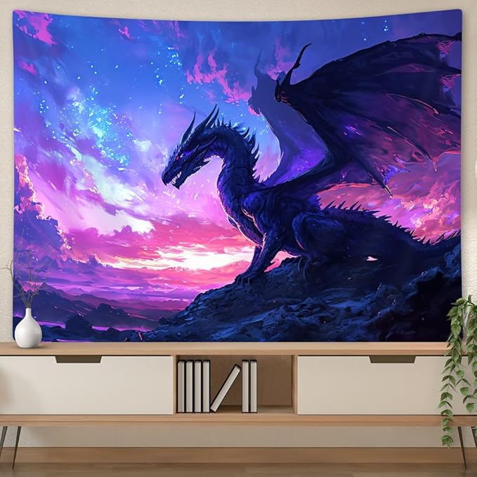 YDIDIAN Purple Dragon Wall Decor, Medieval Fantasy Animals Cool Dragon Tapestry, Dreamy Starry Sky Art Aesthetics for Home, College Dorm Living Room, Panels 70 x 60IN
