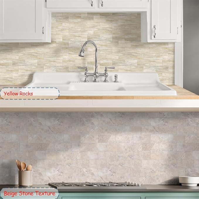 Yipscazo Peel and Stick backsplash 3 x 6 Inches 3D PVC Composite Wall Tile Stick on Backsplash Tile for Kitchen Bathroom, Laundry Room, Fireplace(Yellow Rocks, 100 Pieces)