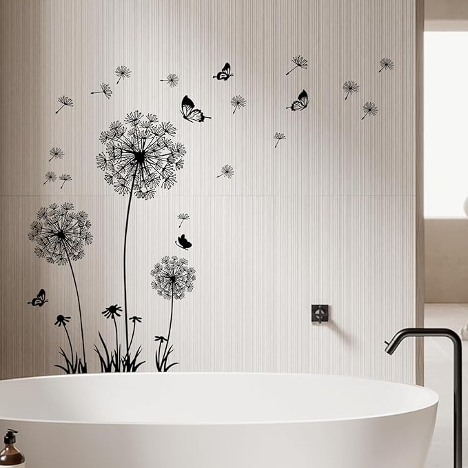 2 Sheets Dandelion Wildflower Wall Decals Art, Wall Art Stickers Peel and Stick Floral Butterflies Flying Decor for Girls Kids Women Baby Nursery Living Room Bedroom Bathroom Hallway Stairwell(Black)