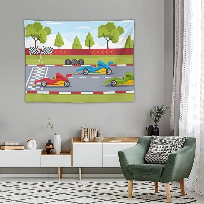 ZhiRain Race Car Tapestry Wall Hanging Cartoon Racing Car Track Formula Racer Sports Finish Line Tapestries Home Decor for Living Room Bedroom Apartment Farmhouse Dorm 30"x40"