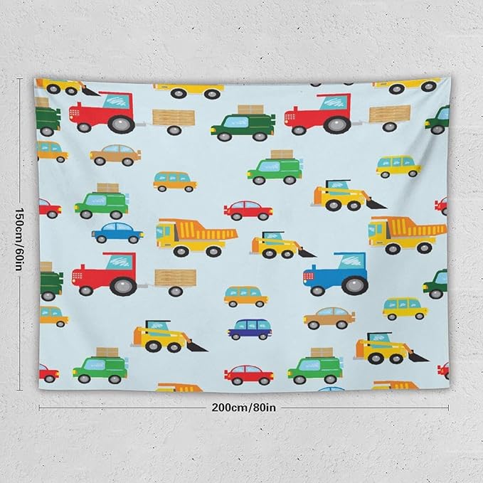 ZhiRain Cartoon Cars Print Tapestry Wall Hanging for Kids Room Cartoon Shovel And Trucks Blue Tapestries Home Decor for Living Room Bedroom Apartment Farmhouse Dorm 60"x80"