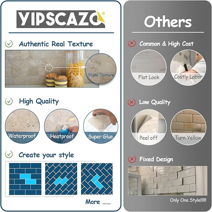 Yipscazo 2025 New Upgrade 160 Pieces Peel and Stick backsplash 3 x 6 Inches 3D PVC Composite Wall Tile Stick on Backsplash Tile for Kitchen Bathroom, Laundry Room, Fireplace in Beige Rocks Stone