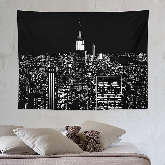 ZhiRain New York Tapestry Wall Hanging Black White Modern Night City Light Tapestries Home Decor for Living Room Bedroom Apartment Farmhouse Dorm 60"x80"