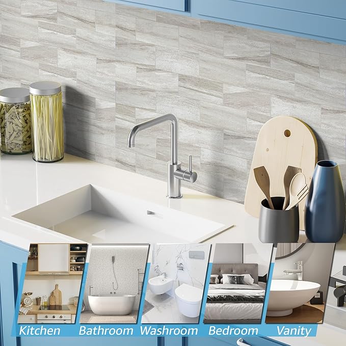 Art3d 102-Piece Faux Stone Peel and Stick Backsplash Tile, Waterproof Thick PVC Stick On Subway Wall Tile for Kitchen Bathroom Laundry Room Fireplace - 3" x 6" Biege Marble