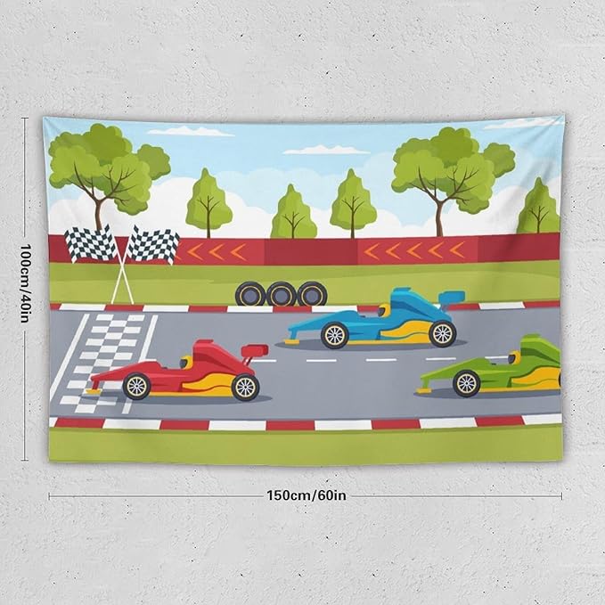 ZhiRain Race Car Tapestry Wall Hanging Cartoon Racing Car Track Formula Racer Sports Finish Line Tapestries Home Decor for Living Room Bedroom Apartment Farmhouse Dorm 40"x60"