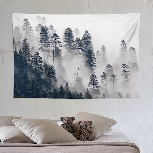 ZhiRain Misty Forest Landscape Tapestry Wall Hanging Wooden Window Forest Mountain Rustic Tapestries Home Decor for Living Room Bedroom Apartment Farmhouse Dorm 60"x90"