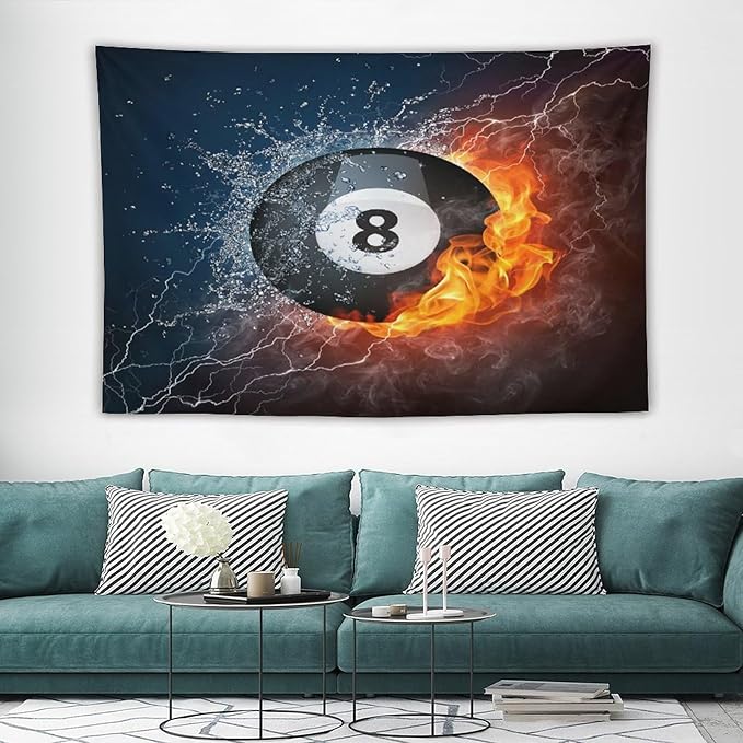 ZhiRain Teen Billiards Tapestry Wall Hanging Abstract Fire Water Black Billiard Eight Ball Tapestries Home Decor for Living Room Bedroom Farmhouse Apartment Dorm 60"x90"