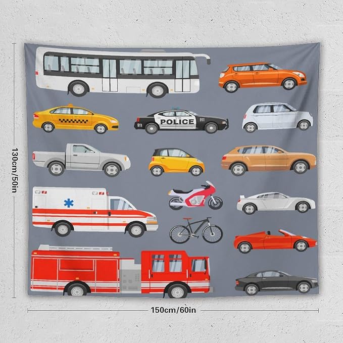 ZhiRain Transportation Tapestry Wall Hanging Various Vehicles Cartoon Cars Bus Police Car, Ambulance Tapestries Home Decor for Living Room Bedroom Apartment Farmhouse Dorm 50"x60"