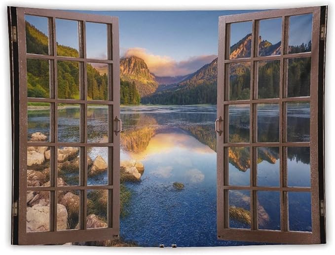 ZhiRain Mountain Scenery Tapestry Wall Hanging Wooden Window View Beautiful Lake Landscape Tapestries Home Decor for Living Room Bedroom Apartment Farmhouse Dorm 60"x80"