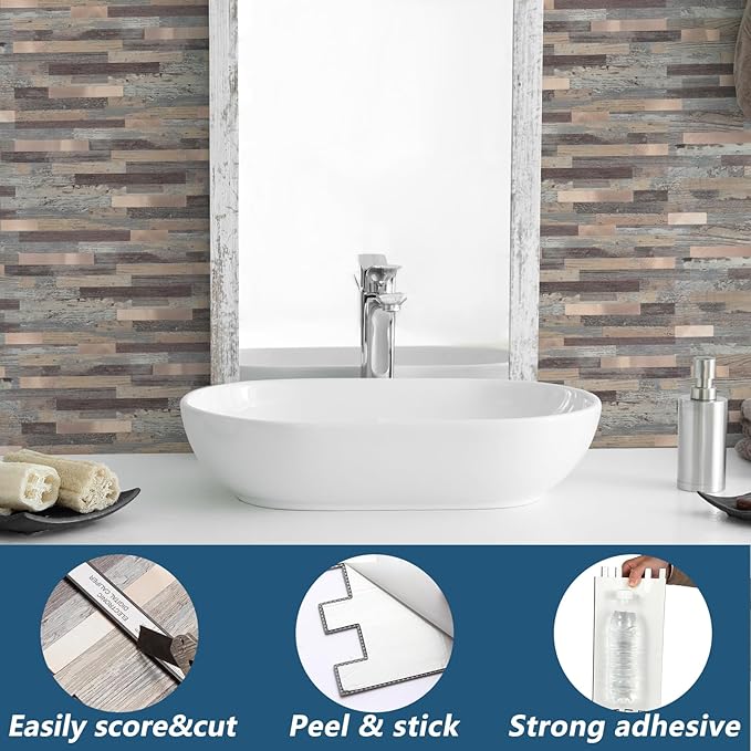 Yipscazo 40 Sheets Peel and Stick Stone Metal Backsplash Tiles, PVC Wall Tiles Stick on Backsplash for Kitchen, Bathroom (6'' X 12'', Rustic Wood)