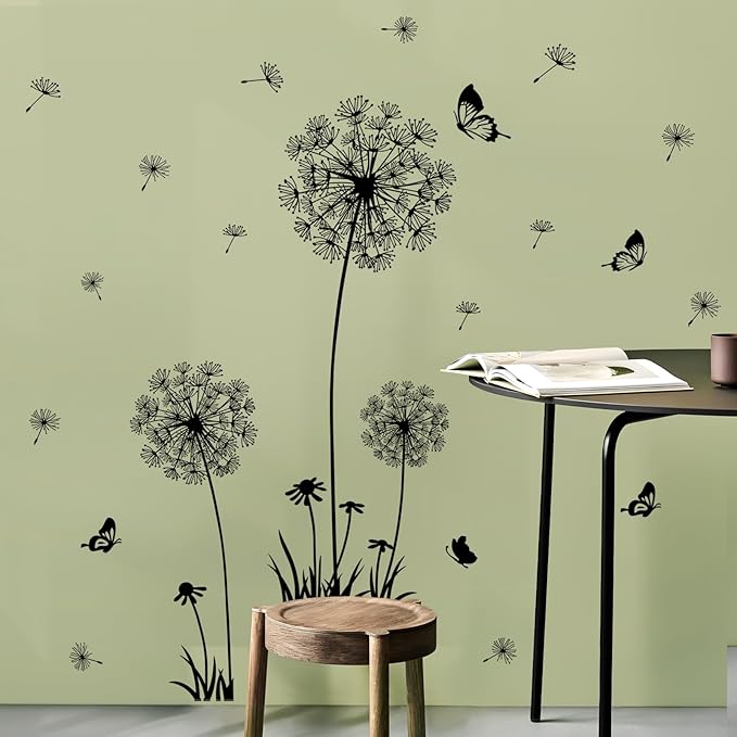 2 Sheets Dandelion Wildflower Wall Decals Art, Wall Art Stickers Peel and Stick Floral Butterflies Flying Decor for Girls Kids Women Baby Nursery Living Room Bedroom Bathroom Hallway Stairwell(Black)