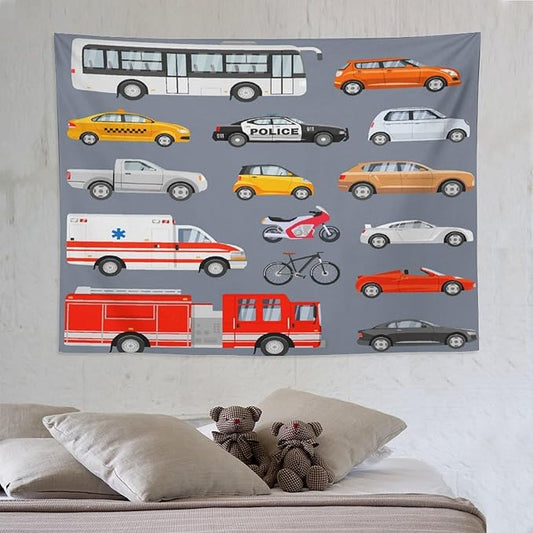 ZhiRain Transportation Tapestry Wall Hanging Various Vehicles Cartoon Cars Bus Police Car, Ambulance Tapestries Home Decor for Living Room Bedroom Apartment Farmhouse Dorm 60"x80"