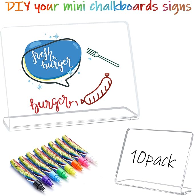 10 Pack Acrylic Mini Chalkboard Signs for Food, AITEE Clear Mini Tabletop Chalkboard Signs, Small Buffet Chalkboards Signs for Weddings, Birthday Parties, Message Board Signs, Buffet,Bakery and Retail