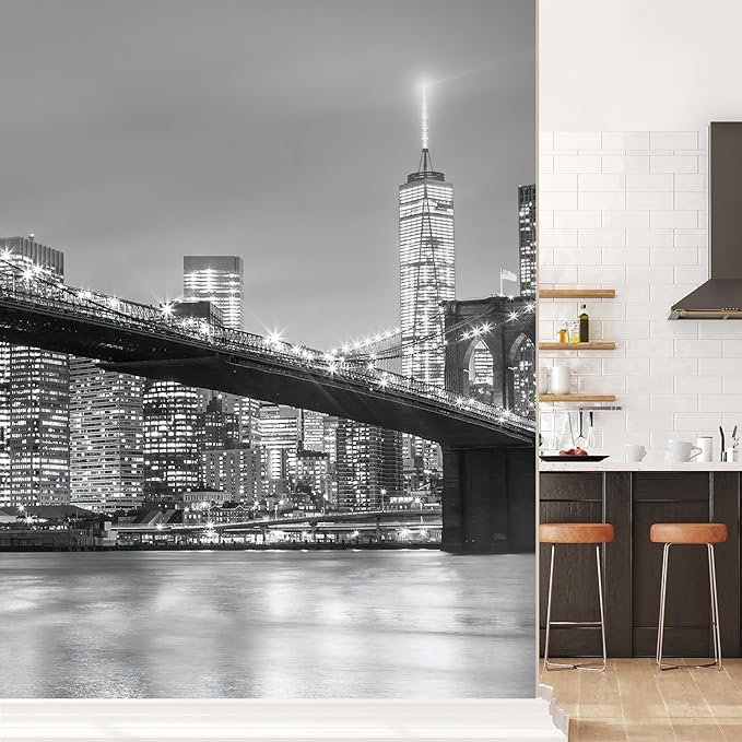 wall26 Brooklyn Bridge and New York City Manhattan Downtown Skyline at Dusk with Skyscrapers Removable Wall Mural Self-Adhesive Large Wallpaper - 96x96 inches