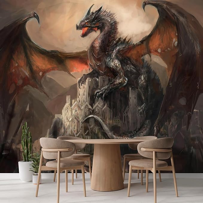 wall26 - War with The Dragon on Castle - Removable Wall Mural Self-Adhesive Large Wallpaper - 120x120 inches