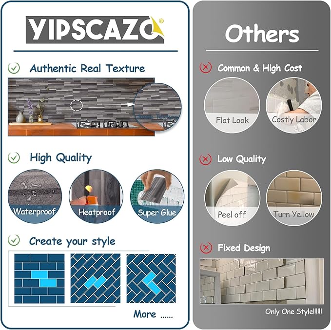 Yipscazo Peel and Stick backsplash 3 x 6 Inches 3D PVC Composite Wall Tile Stick on Backsplash Tile for Kitchen Bathroom, Laundry Room, Fireplace(Black Wood, 100 Pieces)