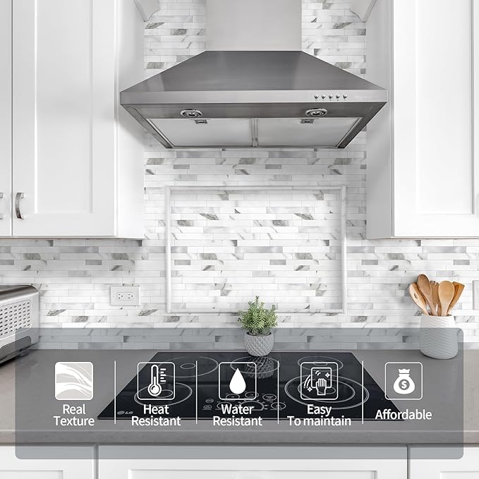 Yipscazo 2026 New Upgrade Peel and Stick Stone Metal Backsplash, PVC Wall Tiles Stick on Tiles for Backsplash Kitchen, Bathroom, Fireplace (20 Sheets, Marble White)