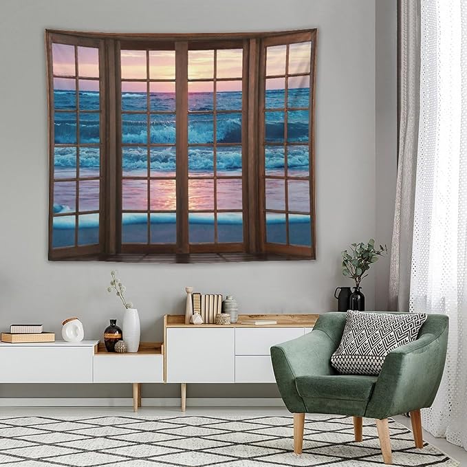 ZhiRain Landscape Tapestry Wall Hanging Beach Sand Ocean Waves Seaside Brown Window View Tapestries Home Decor for Living Room Bedroom Apartment Farmhouse Dorm 50"x60"