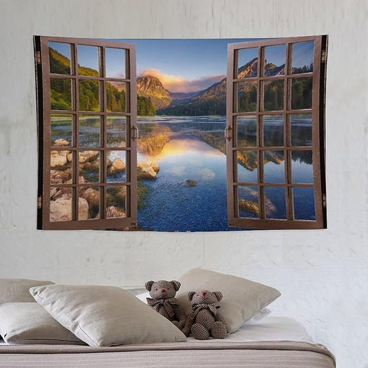 ZhiRain Mountain Scenery Tapestry Wall Hanging Wooden Window View Beautiful Lake Landscape Tapestries Home Decor for Living Room Bedroom Apartment Farmhouse Dorm 40"x60"
