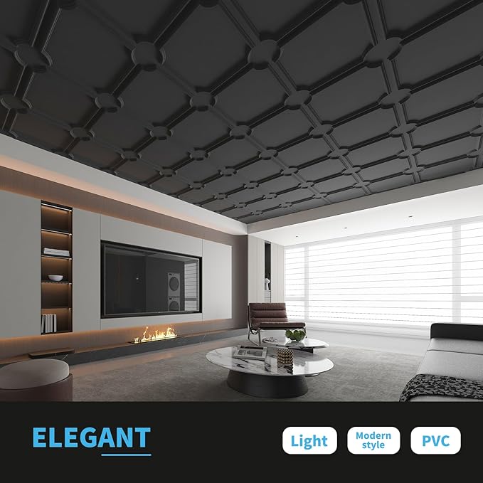 Art3d 2x2 Ft Drop Down PVC Ceiling Tiles, 3D Textured Glue up Ceiling Panel for Office Living Room Home Decor - 12-Pack Covers 48 Sq.Ft, Black