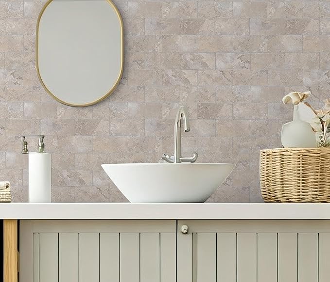 10-Pack Peel and Stick Tile Backsplash 12"X12" PVC Wall Tiles, Stick on Backsplash for Kitchen, Bathroom Tile, Fireplace Décor, Laundry Table, Stair Decals in Beige Stone Rocks