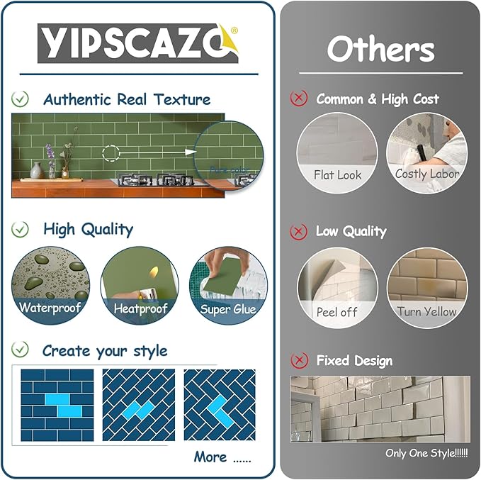 Yipscazo Peel and Stick backsplash 3 x 6 Inches 3D PVC Composite Wall Tile Stick on Backsplash Tile for Kitchen Bathroom, Laundry Room, Fireplace(Green, 160 Pieces)