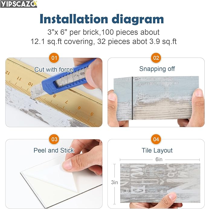 Yipscazo Peel and Stick backsplash 3 x 6 Inches 3D PVC Composite Wall Tile Stick on Backsplash Tile for Kitchen Bathroom, Laundry Room, Fireplace(Vintage Wood Grain, 160 Pieces)