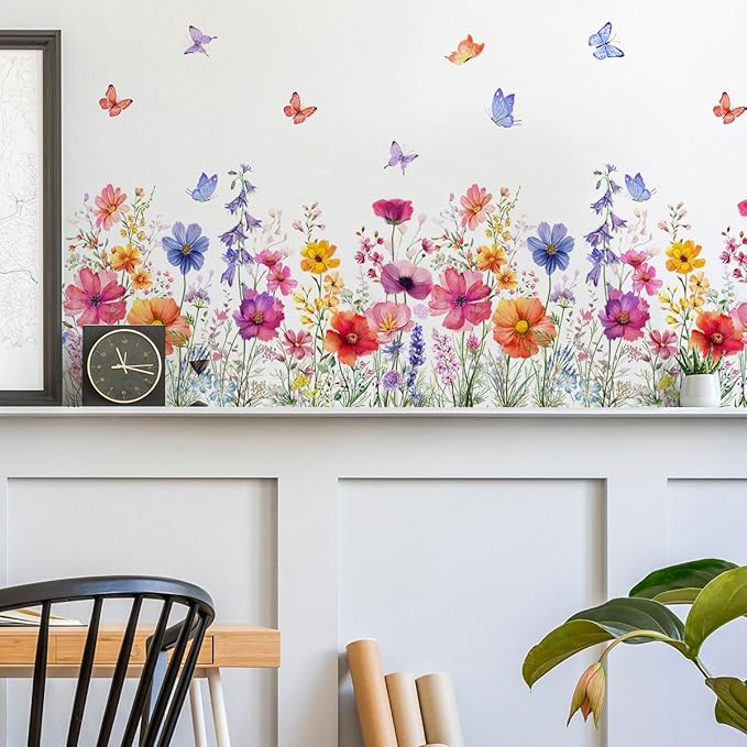 2 Pieces Flowers Wall Decals Vinyl Flowers Wall Stickers Removable Floral Murals Peel and Stick Colorful Flower Decor for Girls Bedroom Living Room Nursery (Bright)